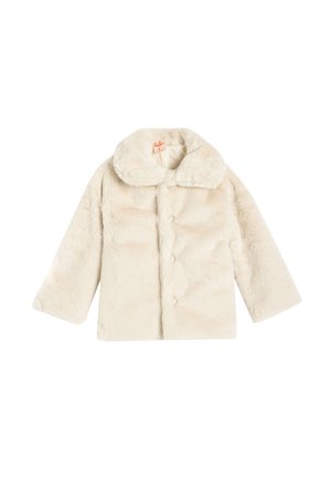 Veste en fausse fourrure crème avec un col rond, des boutons et des manches longues. Fabriquée en matériau pelucheux doux, offrant chaleur et confort.