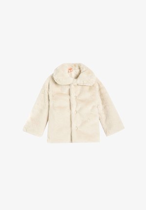 Veste en fausse fourrure crème avec un col rond, des boutons et des manches longues. Fabriquée en matériau pelucheux doux, offrant chaleur et confort.
