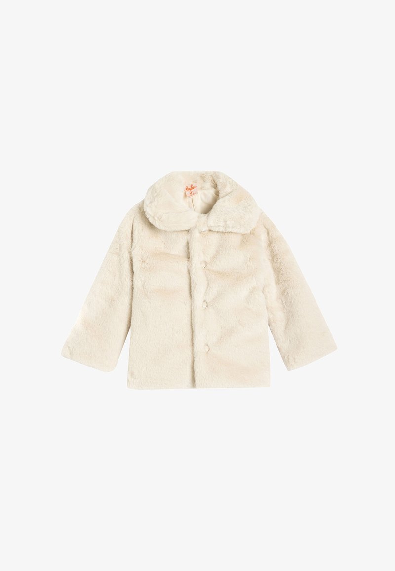 Giacca in pelliccia sintetica color crema con colletto rotondo, chiusure con bottoni e maniche lunghe. Realizzata in morbido materiale plush, offre calore e comfort.