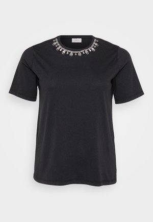 Svart bomull T-skjorte med korte ermer, med en dekorativ halslinje prydet med krystalkuler og et klassisk rundhalsdesing.