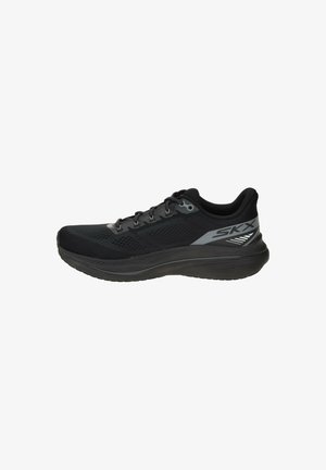 Black athletic shoe with mesh upper, cushioned sole, and logo accent. Features lace-up closure and textured rubber outsole.