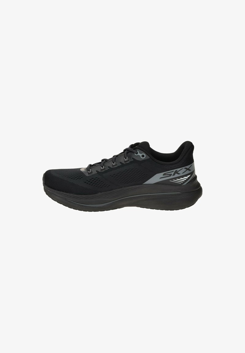 Black athletic shoe with mesh upper, cushioned sole, and logo accent. Features lace-up closure and textured rubber outsole.