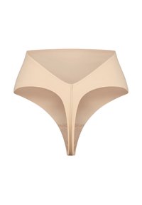 Nagi thong z wysokim stanem w kolorze nude, wykonany z gładkiego materiału, z dekoltem w kształcie litery V i minimalnymi detalami szwów dla idealnego dopasowania.
