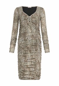 Rochie cu maneci lungi, ajustată, în imprimeu leopard bej și negru, cu textură pliată și trei butoane metalice la decolteu.
