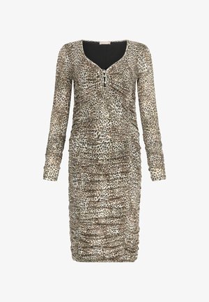 Ilga rankovėmis, prigludusi suknelė rusvai juodu leopardų raštu, su faktūriniais raukiniais ir trimis metalinėmis sagomis ant iškirptės.
