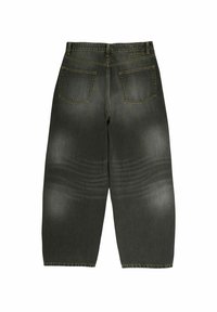 Grüne Denim-Jeans mit geradem Bein, ausgestattet mit zwei Gesäßtaschen und sichtbaren Nähten. Der Stoff weist eine leicht ausgewaschene Textur auf.