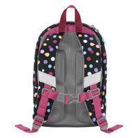 Schwarzer Rucksack mit bunten, unterschiedlichen Punkten, gepolstertem Netzrücken, pinken Trägern und reflektierenden Akzenten. Verfügt über einen Oberhandgriff.