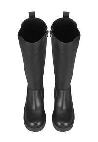 Schwarze kniehohe Stiefel aus glattem Leder, mit runder Spitze, dicker Gummisohle und seitlichen Reißverschlüssen.