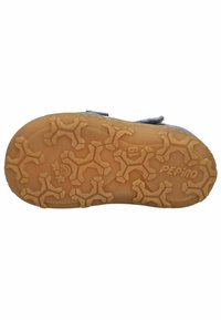 Suela de zapato de goma marrón con un patrón texturizado de huesos de perro estilizados, que presenta "PEPINO" y información de agarre en relieve.