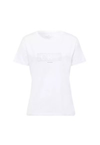 Biała bawełniana koszulka z okrągłym dekoltem i krótkimi rękawami. Posiada nadrukowany prostokątny wzór z tekstem utworzonym z małych rhinestone'ów.