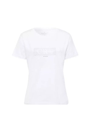 Biała bawełniana koszulka z okrągłym dekoltem i krótkimi rękawami. Posiada nadrukowany prostokątny wzór z tekstem utworzonym z małych rhinestone'ów.