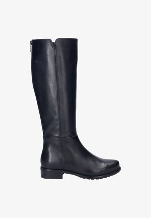 Bottes en cuir noir jusqu'au genou avec un design élégant, bout rond, petit talon empilé, et fermeture éclair sur le côté pour un enfilage facile. Texture lisse.