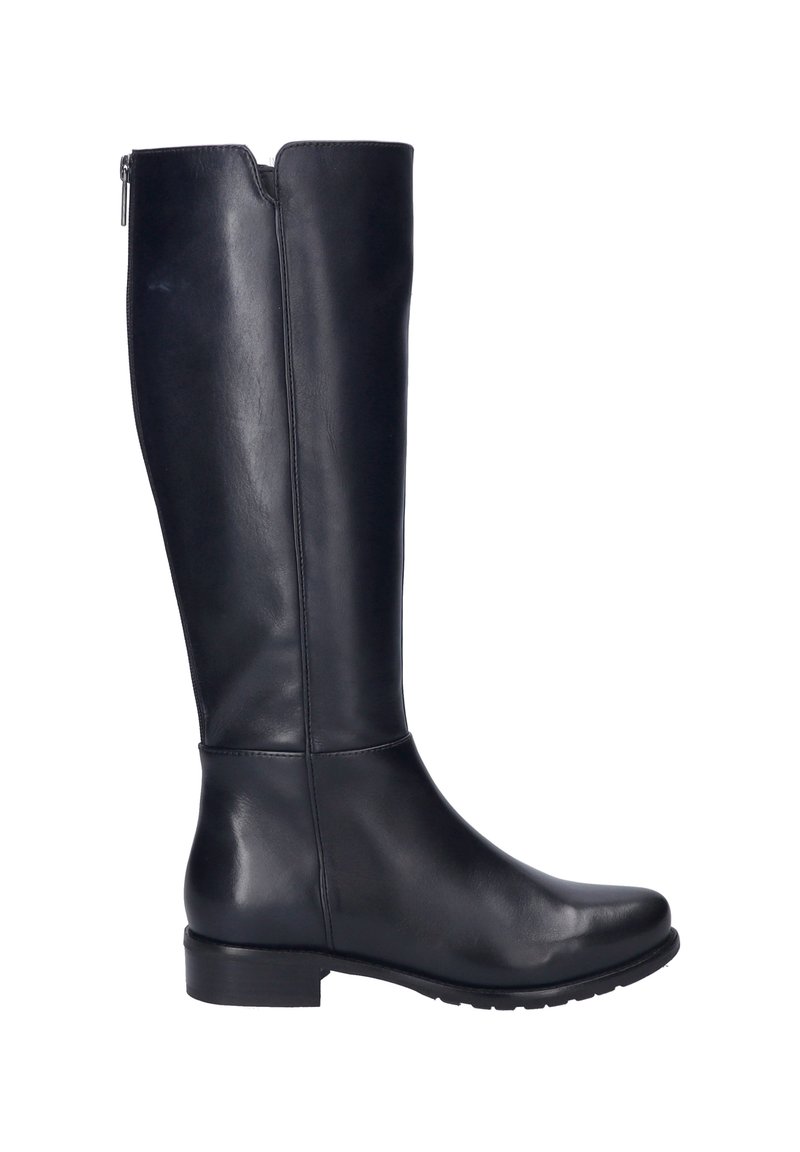 Bottes en cuir noir jusqu'au genou avec un design élégant, bout rond, petit talon empilé, et fermeture éclair sur le côté pour un enfilage facile. Texture lisse.