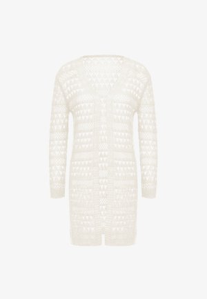 Horgolt kardigán tört fehér színben, V-nyakkal, hosszú ujjakkal, textúrált szabású nyitott mintákkal, valamint bordázott mandzsettával és aljjal rendelkezik.