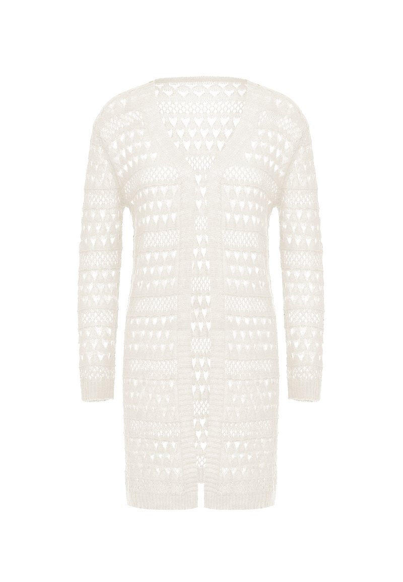 Virkat kavaj i off-white, med V-ringning, långa ärmar, texturerade öppna mönster och ribbade ärmslut och nederkant.
