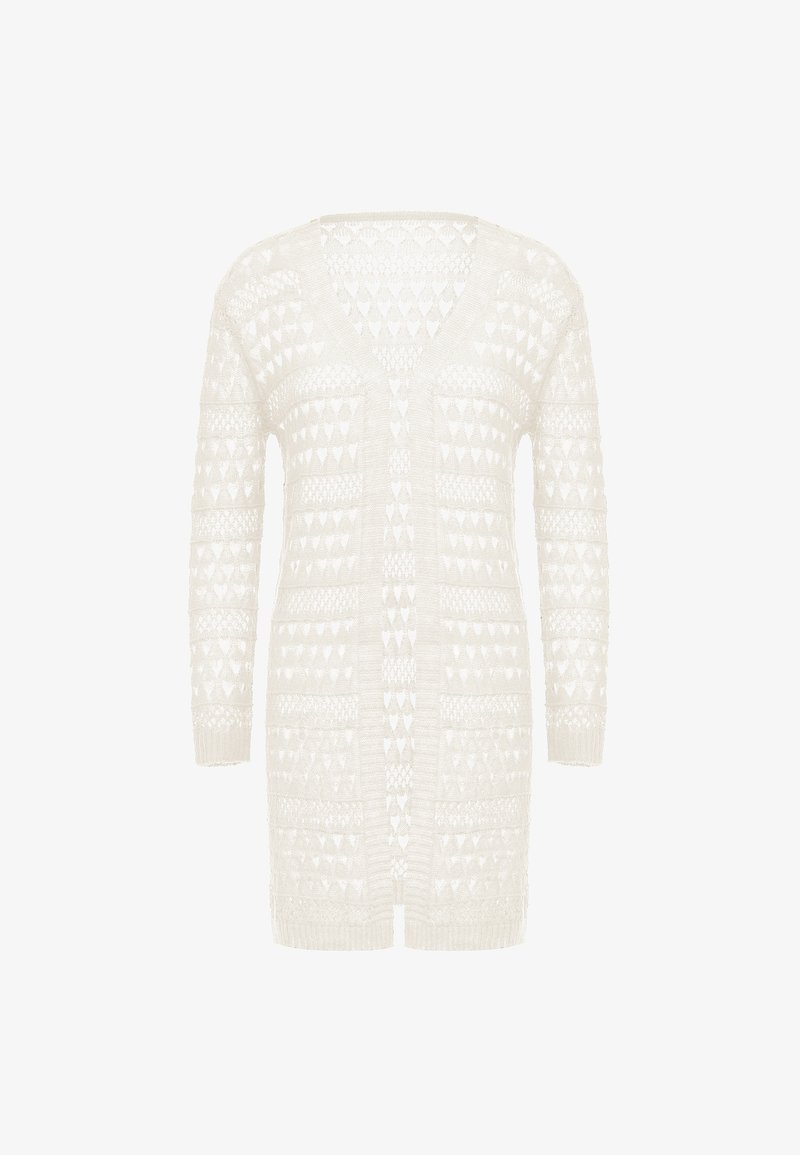 Horgolt kardigán tört fehér színben, V-nyakkal, hosszú ujjakkal, textúrált szabású nyitott mintákkal, valamint bordázott mandzsettával és aljjal rendelkezik.