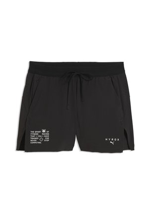Schwarze Sportshorts mit Kordelzugbund, Seitentaschen, kleinem weißen Text und Logos im vorderen unteren Bereich.