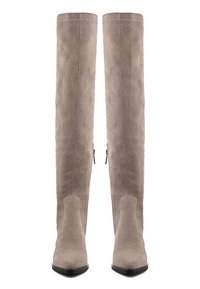 Cizme din suede taupe, până la genunchi, cu o textură netedă, având vârf ascuțit și fermoare laterale, montate pe o talpă neagră.