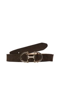 Cintura in suede marrone con una fibbia ovale in tonalità oro e design a doppia barra. La texture della cintura è morbida e con una finitura opaca.