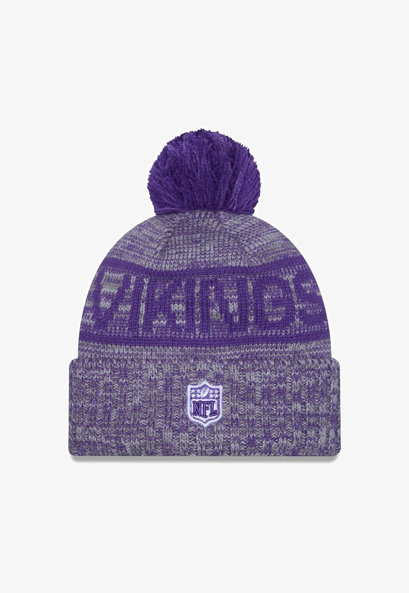 Purple knit beanie with a pom-pom on top, featuring gray geometric patterns and a stitched NFL logo on the front cuff.