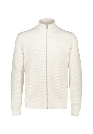 Weißer Pullover mit Reißverschluss und hohem Kragen, mit strukturiertem Strickmuster sowie gerippten Bündchen und Saum.