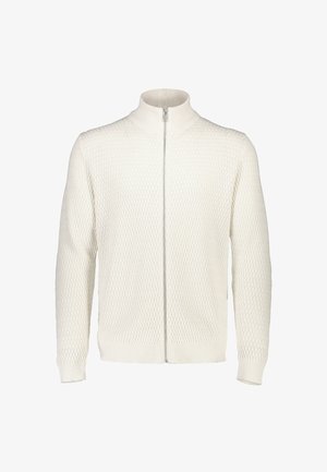 Weißer Pullover mit Reißverschluss und hohem Kragen, mit strukturiertem Strickmuster sowie gerippten Bündchen und Saum.