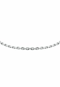 Collana in argento con catena composta da anelli ovali e rotondi interconnessi, finitura lucida, texture liscia e larghezza uniforme.