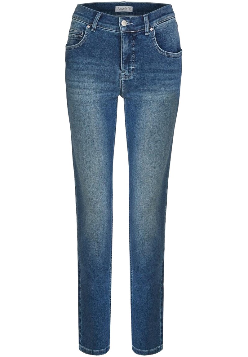 Slim-fit blauwe denim jeans met een lichte wassing, voorzien van vijf zakken, een ritssluiting en een eenvoudig ontwerp. Geen versieringen of patronen zichtbaar.