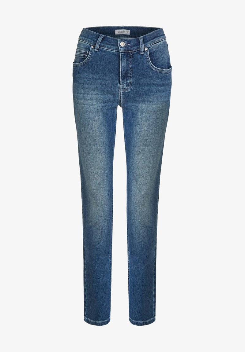 Lieknosios šviesiai mėlynos džinsinio audinio kelnės su šviesiu skalbimu, turinčios penkias kišenes, užtrauktuką ir paprastą dizainą. Be papuošimų ar matomų raštų.