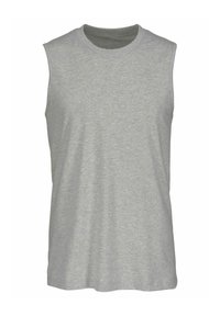 T-shirt sans manches gris en tissu mélangé coton, présentant un col rond et une texture lisse avec des coutures minimales et sans motifs.
