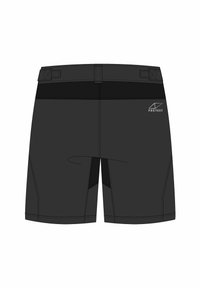 Schwarze Shorts mit flachem Bund, sichtbarer Stofftextur, mit einem Logo auf der rechten Seite und schrägen Nähten für einen maßgeschneiderten Sitz.