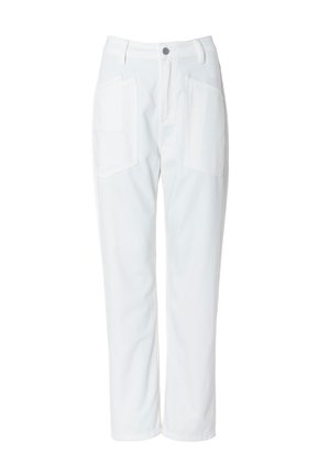 Pantalones blancos de cintura alta con bolsillos delanteros de parche, cierre de botón, trabillas para cinturón y piernas rectas.