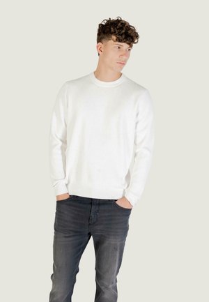Maglione bianco a costine con maniche lunghe e colletto rotondo, abbinato a jeans grigi, creando un outfit casual. Texture liscia e stile aderente.