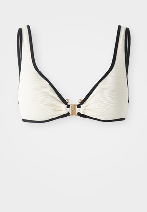 Cream triangle bikini top with black trim. Textured fabric, gold hardware closure at the center with brand initials. Adjustable straps.