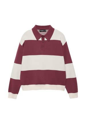 Ragbi majica s dugim rukavima s širokim vodoravnim prugama u bordo i krem boji, šiljastim ovratnikom i kopčanjem na tri gumba.