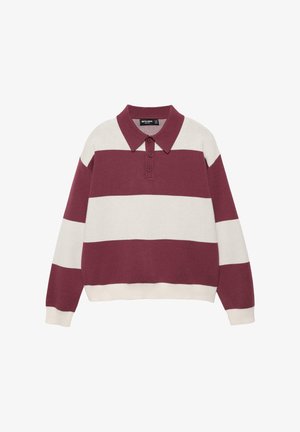 Ragbi majica z dolgimi rokavi z širokimi vodoravnimi bordo in belo-bež črtami, špičastim ovratnikom in trojčkom gumbov na sprednji strani.