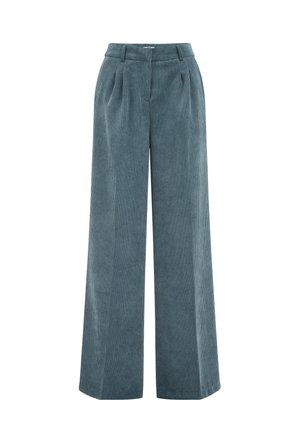 Högmidjade turkosa kordtrosor i vida ben med framfåll och bältesöglor.