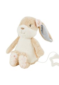 Soft plush rabbit toy with beige and white fur, blue striped ears, a pink flower accent, and patterned paws. Includes a connected star-shaped pull.