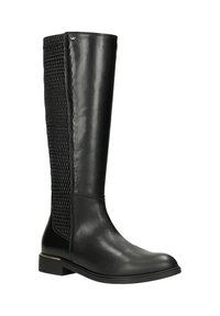 Czarne, sięgające do kolan botki z gładkiej skóry z przodu i teksturowanym panelem z siateczki z tyłu. Niski obcas z blokiem i złotym akcentem.