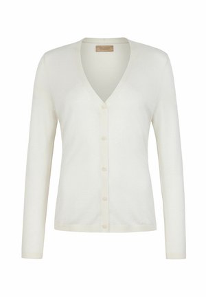 Biały, długi kardigan z dekoltem w serek, zapinany z przodu na guziki, z prążkowanymi mankietami i krawędzią, wykonany z cienkiej dzianiny.