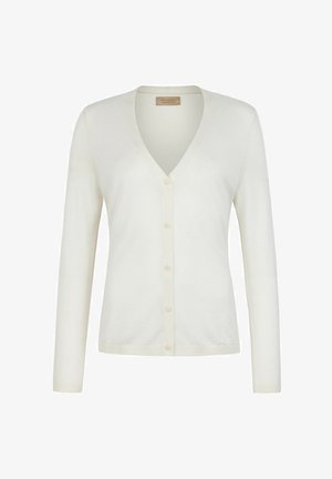 Cardigan blanc à manches longues avec col en V, boutons sur le devant, poignets et ourlet côtelés, fabriqué en tissu maille fine.