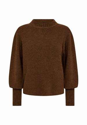 Rudas raštuotas megztinis su aukštu kaklu, nukritusiomis pečių siūlėmis ir ilgomis rankovėmis. Audinys atrodo minkštas ir tekstūruotas, su plačiu siluetu.