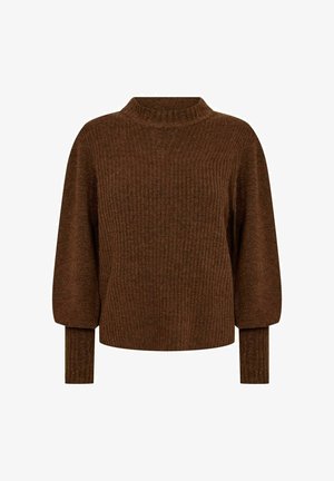 Maglione a coste marrone con collo alto, spalle scese e maniche lunghe. Il tessuto sembra morbido e testurizzato, con una silhouette a vestibilità ampia.