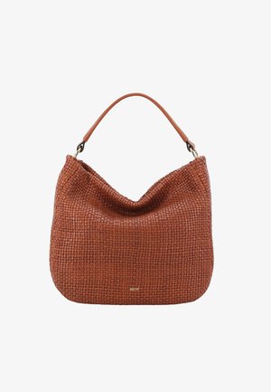 Woven brown leather bag with a slouchy shape, a single handle, and subtle gold hardware. Features a soft, textured surface and rounded edges.