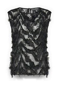 Top nero trasparente con design testurizzato, dettagli stratificati sfrangiati, scollo rotondo e chiusura con bottone sul retro.