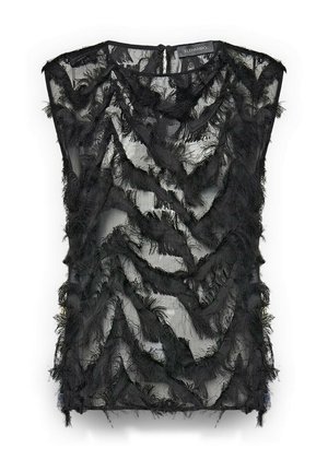 Top nero trasparente con design testurizzato, dettagli stratificati sfrangiati, scollo rotondo e chiusura con bottone sul retro.