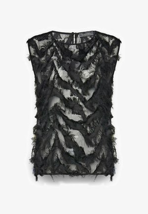 Top nero trasparente con design testurizzato, dettagli stratificati sfrangiati, scollo rotondo e chiusura con bottone sul retro.