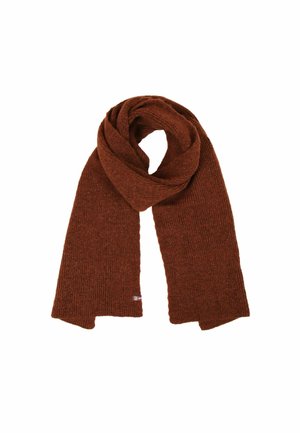 Strickschal in einem bernsteinbraunen Farbton, mit geripptem Muster und weichem, warmem Material. Mit einem kleinen Markenetikett an einem Ende.