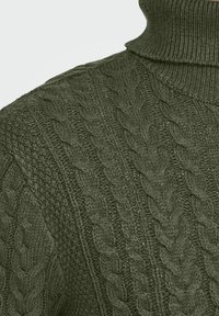 Jersey de cuello alto de punto trenzado en verde oscuro con patrones texturizados, presenta un cuello y cuerpo acanalados. Material suave y de punto grueso.