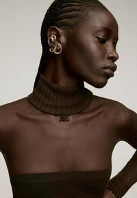 Suéter tortuga marrón transparente con textura acanalada. Joyería dorada con un diseño retorcido y piedras preciosas adorna la oreja, realzando los rasgos faciales.